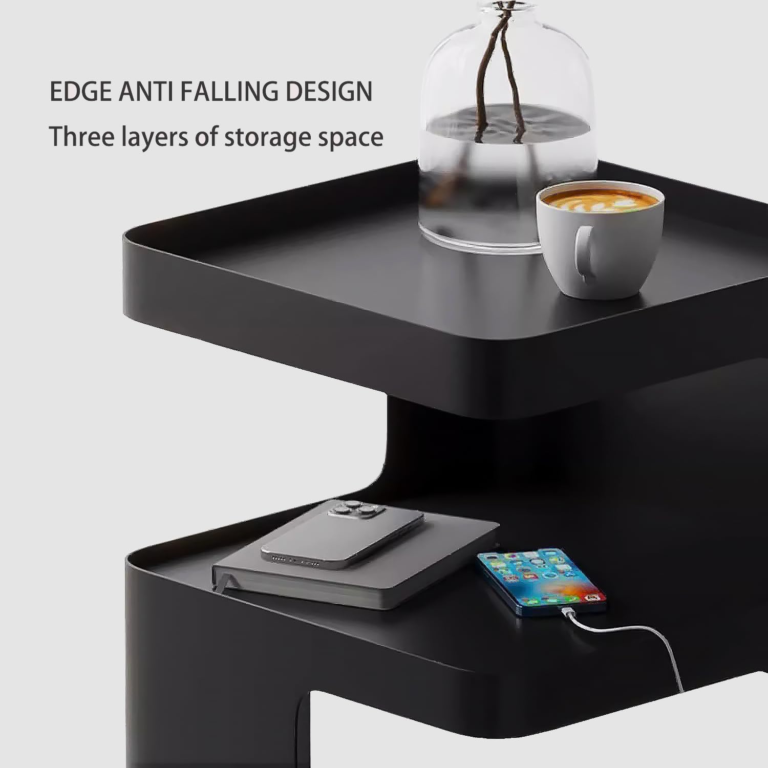 Black Side Table,Modern end Table for Sofa & Couch,3-Tier Metal nightstand,Small Bedside Table with Storage for Bedroom,Living Room,Small Space.No Assembly Required
