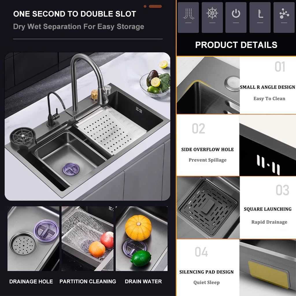 304 Stainless Steel Kitchen Sink Single Bowl Bar Sink Waterfall Pull-Down Faucet and Complete Accessory Set Dual-Mount (Color : Black, Size : 80x45x22cm) (Black 80x45x22cm)