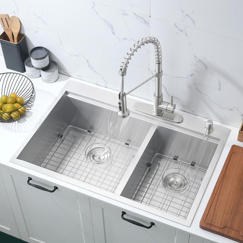 33 Inch Double Bowl Drop In Kitchen Sink Workstation-Bokaiya 33x22 Stainless Steel 60/40 Double Bowl Kitchen Sink 16 Gauge Deep Low Divide Double Sink with Cutting Board