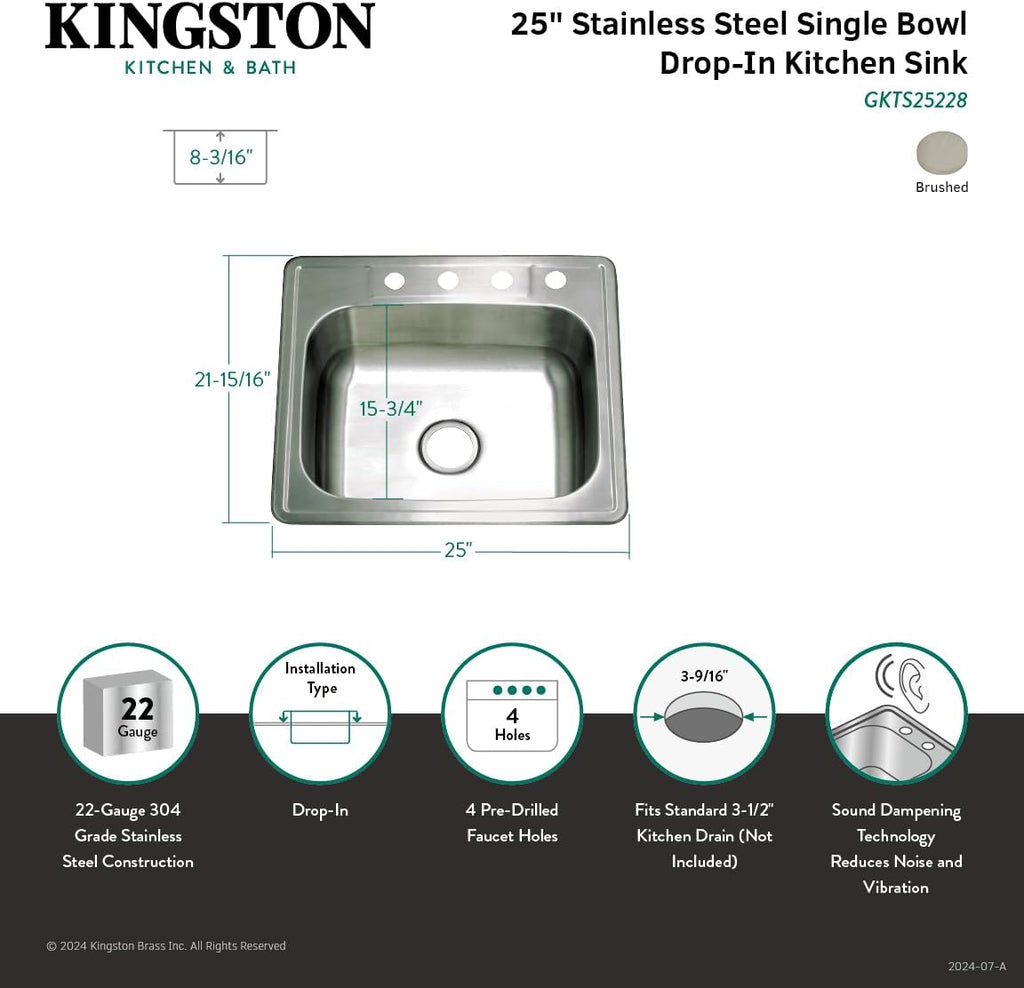 Kingston Brass Gourmetier GKTS25228 Studio Self Rimming Single Bowl Sink, 25-Inch L × 22-Inch W × 8-Inch H, Brushed Stainless Steel