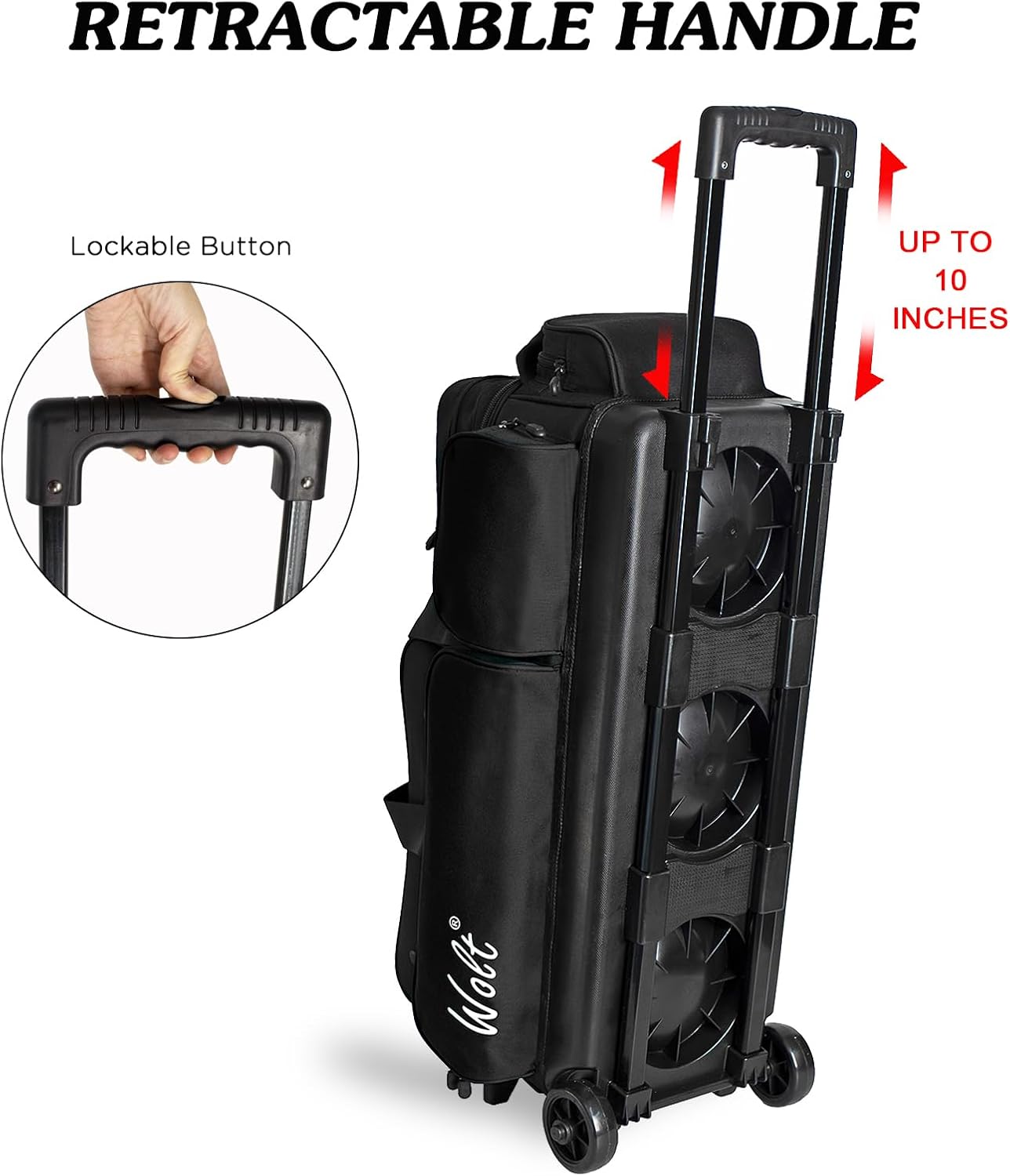 WOLT 3 Ball Bowling Bags with Wheels,Bowling Ball Bag 3 Ball Roller with Separate Shoe Compartment and Accessory Pocket, Retractable Handle Extends to 38''
