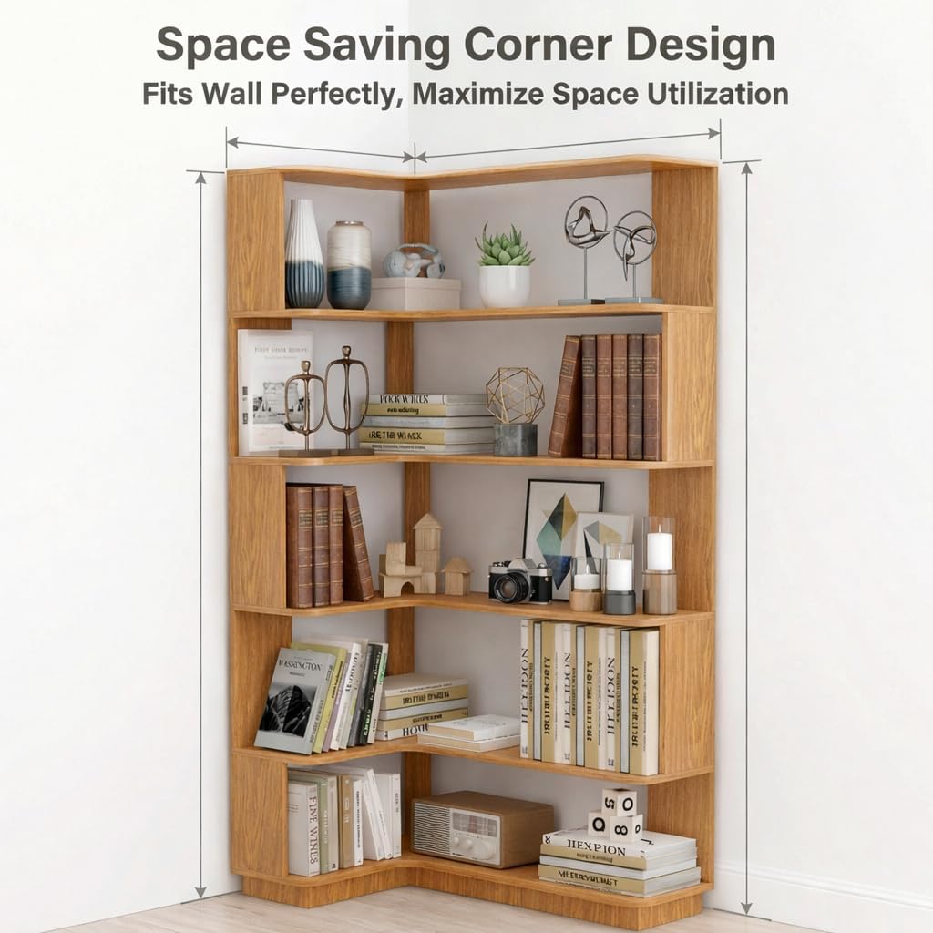 5 Tier Corner Bookshelf, Freestanding L-Shaped Wooden Bookcase with Open Shelves, Anti-Fall Panels and Anti-Tipping Device for Living Room, Home Office (Dark Oak with Right Extension)