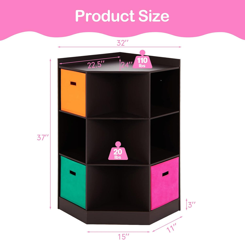 Costzon 9-Cubby Kids Bookcase with Large Storage Bins, Children's Corner Cabinet with 6 Cubes and 3 Shelves, Wooden Toy Organizers and Storage Book Shelves for Playroom Kids Room Nursery (Espresso)