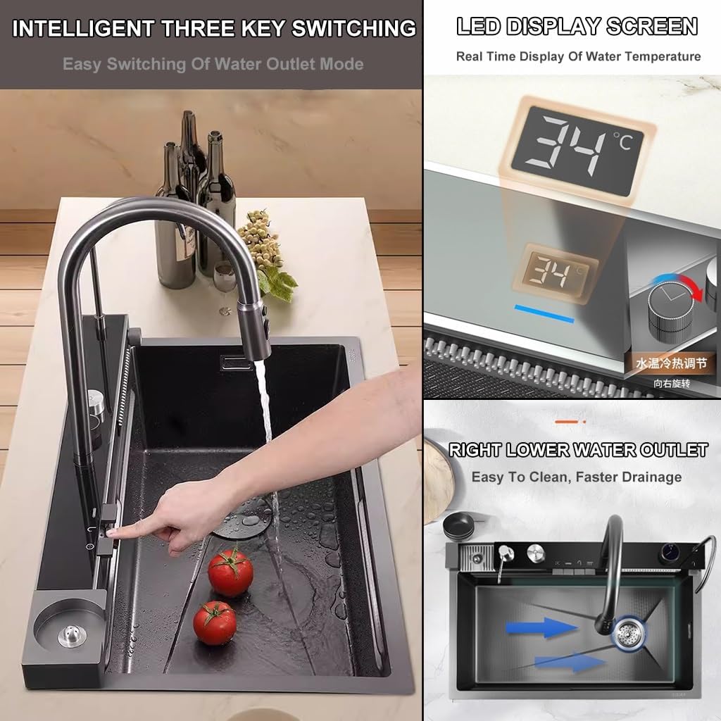 304 Stainless Steel Kitchen Sink Versatile Single-Bowl Kitchen Workstation Sink Waterfall Pull-Down Faucet and Complete Accessory Set (Black 75x46x21cm)