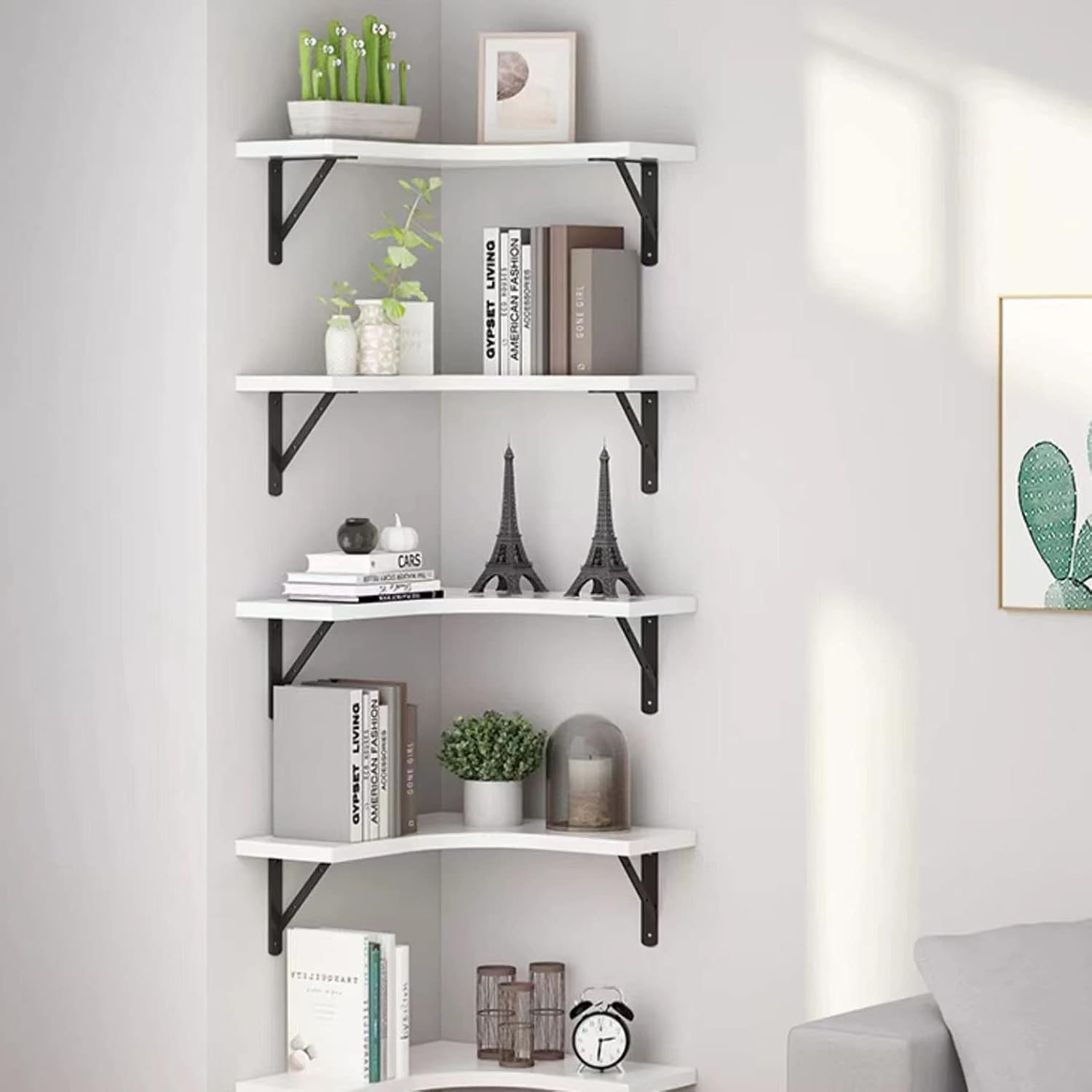 Floating Corner Shelf Wall Mounted Wood Bookshelf for Bedroom Living Room Office Bathroom White Wood 1 Tier Shelf Space Saving Storage Solution