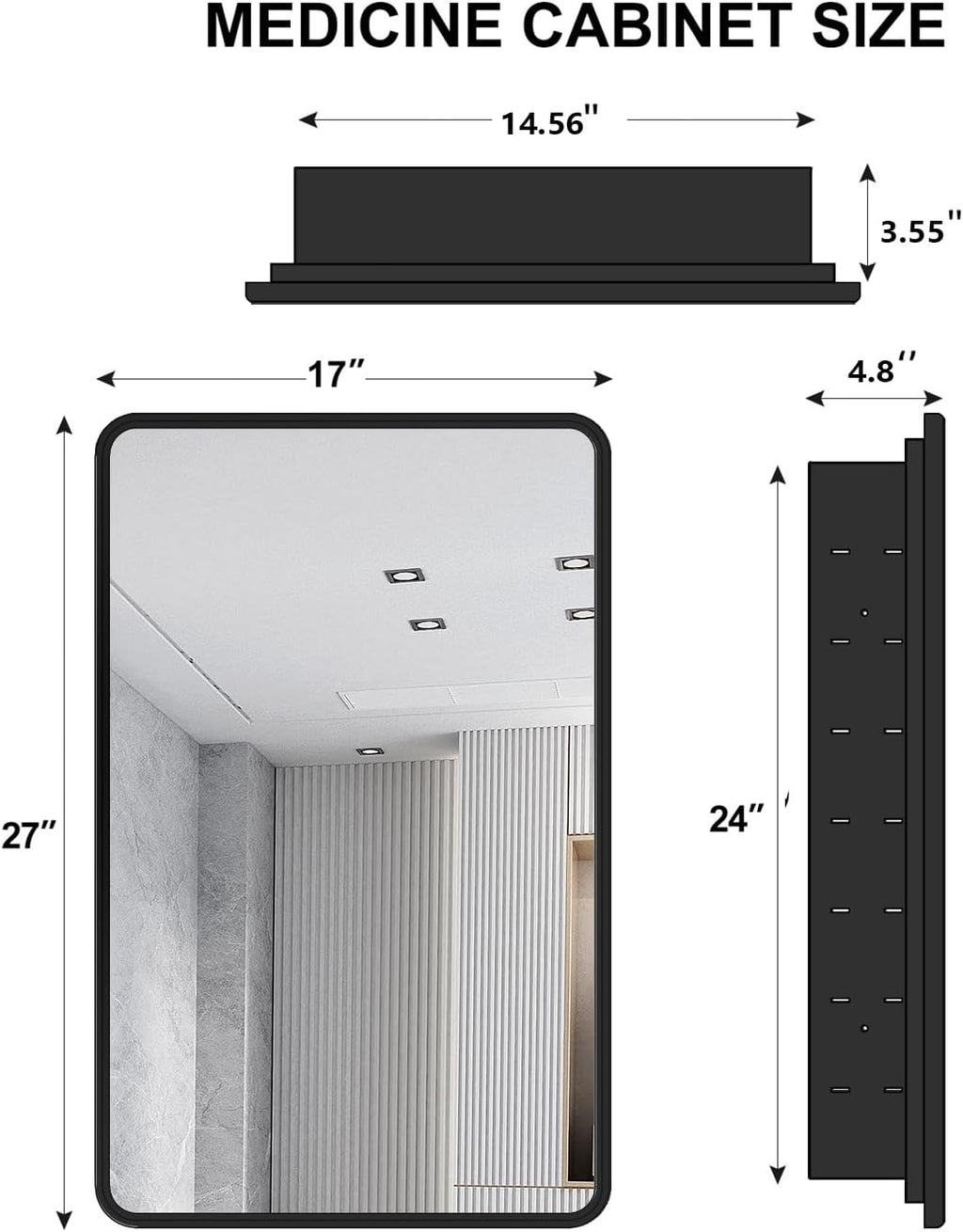 Black Bathroom Medicine Cabinet with Mirror 17 x 27 Metal Frame Recessed Or Wall Mounted Single Door Storage Medicine Cabinets with Adjustable Shelves Rounded Corner Beveled Mirrors