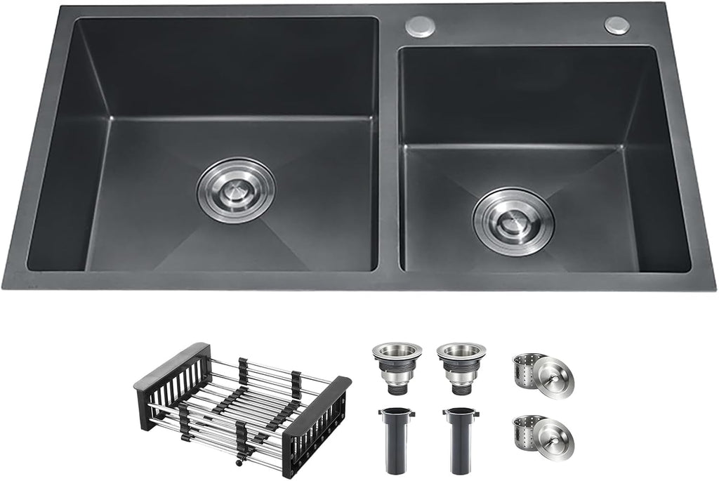 30.7'x16.9' Black Double Bowl Sink - 60/40, 20 Gauge Stainless Steel Topmount Kitchen Sinks, Nano-Coated Drop-In Kitchen Sink with Drain & Overflow (Gunmetal Gray)