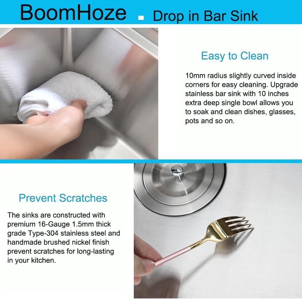 20 Inch Drop in Kitchen Sink, Single Bowl 16 Gauge Stainless Steel Topmount Small Kitchen Bar Sink Outdoor RV Workstation Basin (20'x17'x10')