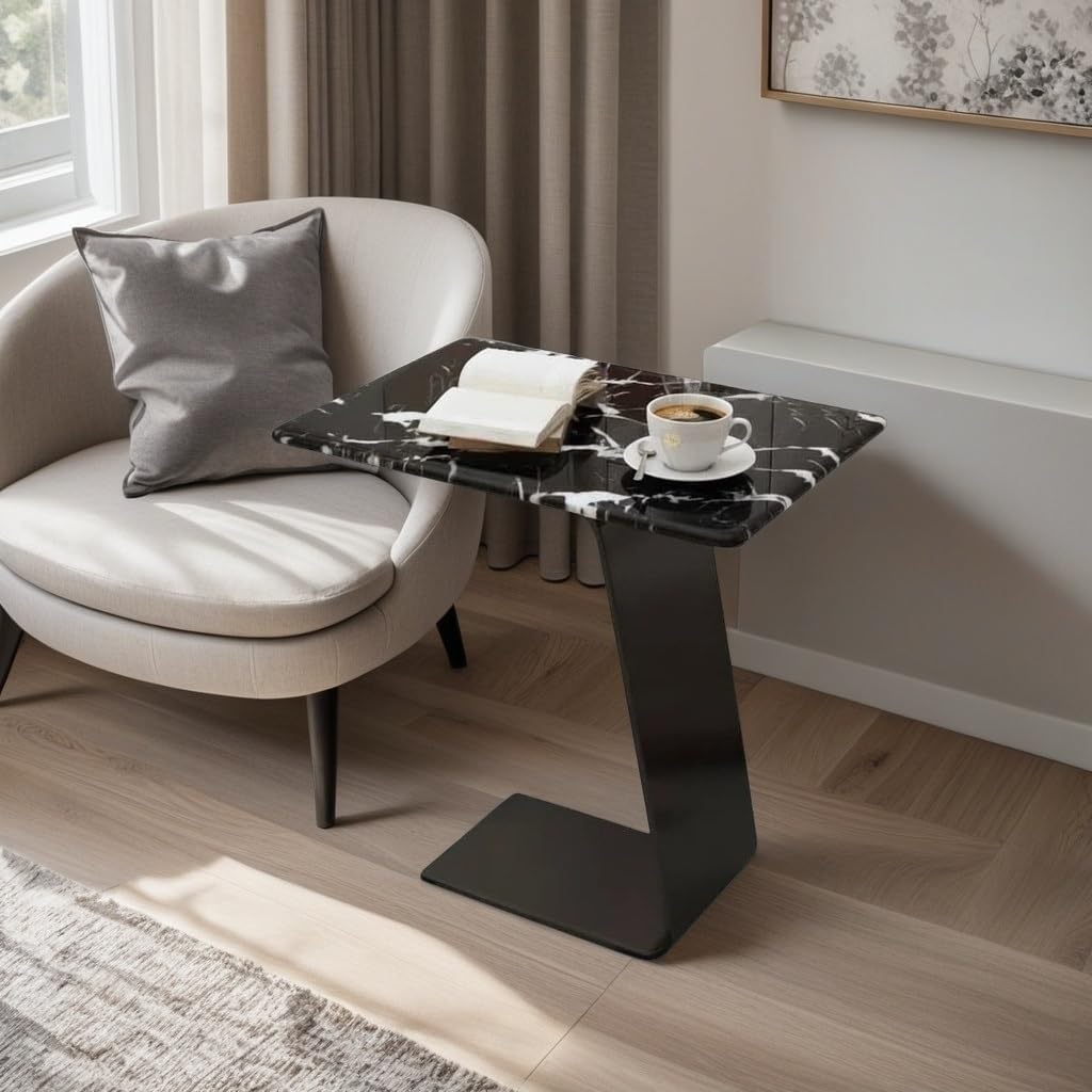 25.5-Inch High C-Shaped End Table with Marble Top & Black Metal Frame, Modern Space-Saving Sofa Side Table for Living Room, Bedroom, Small Spaces(D)