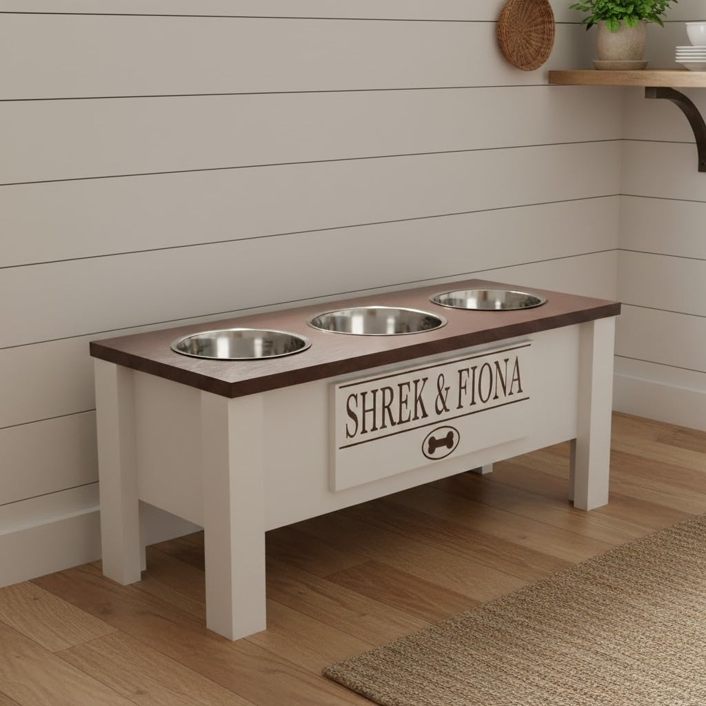 GTW Elevated 3 Bowl Dog Feeding Station - Customized Triple Stand for Large Dogs - Includes Storage & Stainless Steel Bowls (Large, Brown)