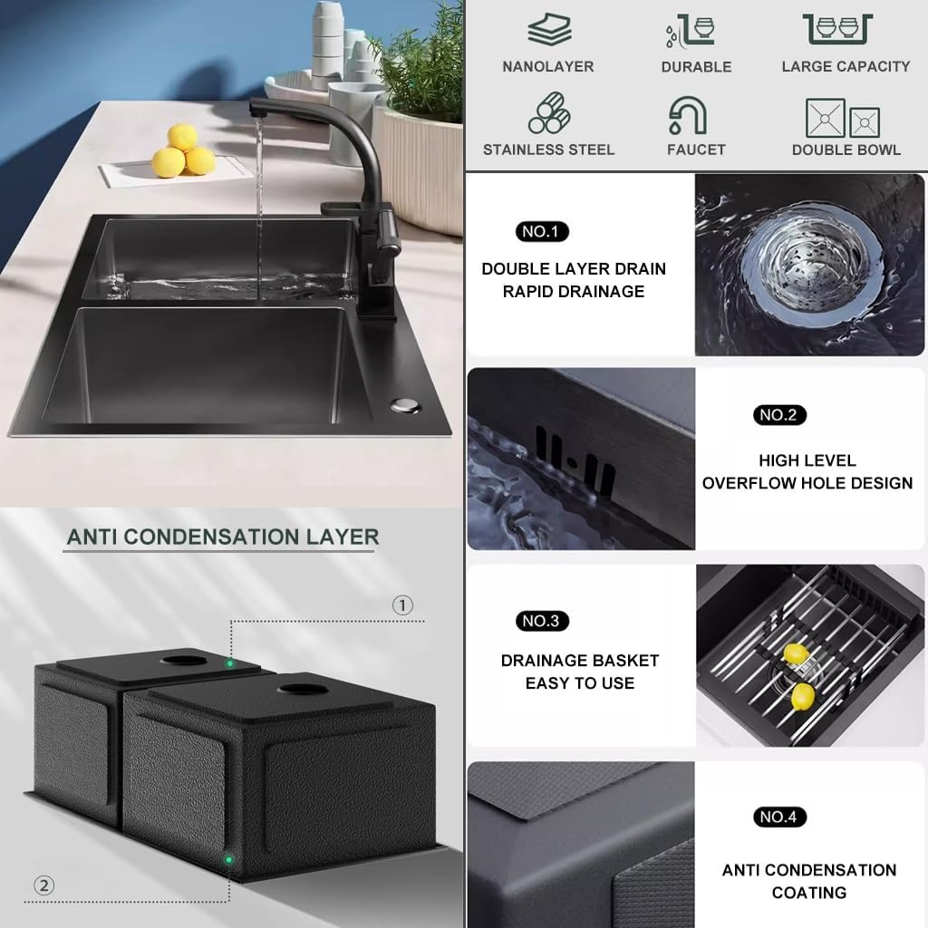 Double Bowl Kitchen Sink with Pull-Out Faucet Stainless Steel Kitchen Workstation Sink Multifunctional Bar Sink with Cplete Accessory Set (Color : Black, Size : 72x40x21cm)