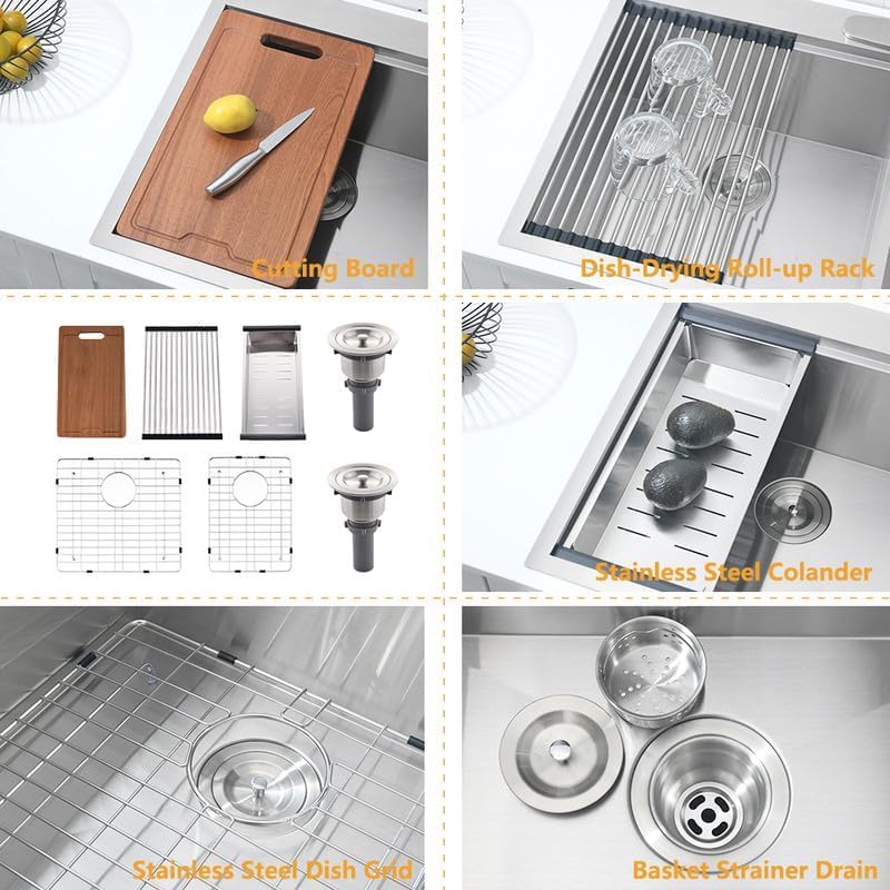 33 Inch Double Bowl Drop In Kitchen Sink Workstation-Bokaiya 33x22 Stainless Steel 60/40 Double Bowl Kitchen Sink 16 Gauge Deep Low Divide Double Sink with Cutting Board