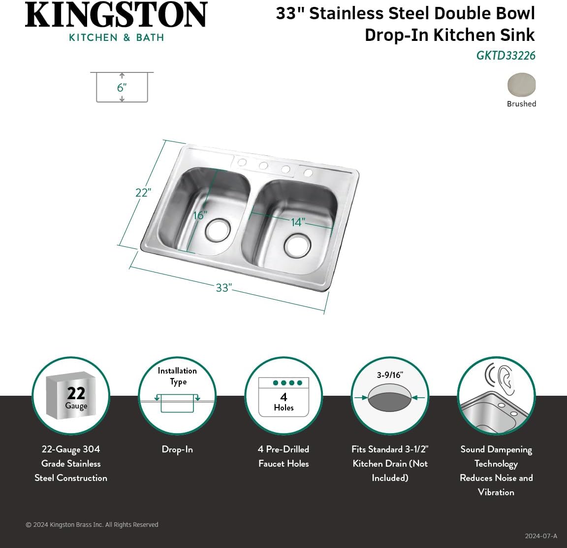 Kingston Brass Gourmetier GKTD33226 Studio Self-Rimming Double Bowl Kitchen Sink, 33-Inch L × 22-Inch W × 6-Inch H, Brushed Stainless Steel