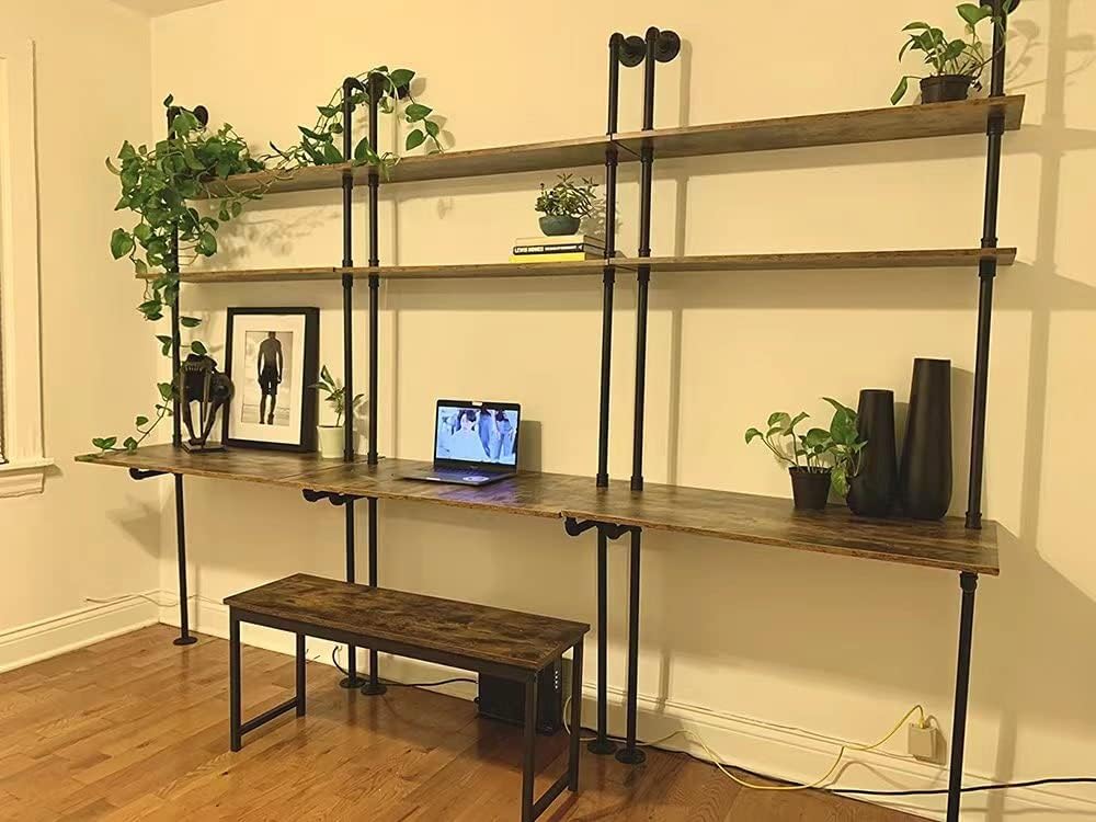 ZIOTHUM Wall Mounted Desk with Shelves, Industrial Ladder Style Floating Desk for Small Spaces, Computer Table with Storage Shelves, Rustic Pipe Bookcase for Bedroom(36x20x81in)