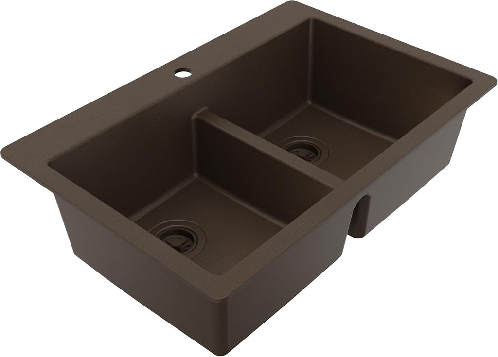 Karran 33' Brown Quartz Composite Double Bowl Kitchen Sink – Top Mount Drop-In 50/50 Low Divider, 80% Natural Quartz, 535°F Heat Resistant, Sound Dampening, Granite Composite, QT-810