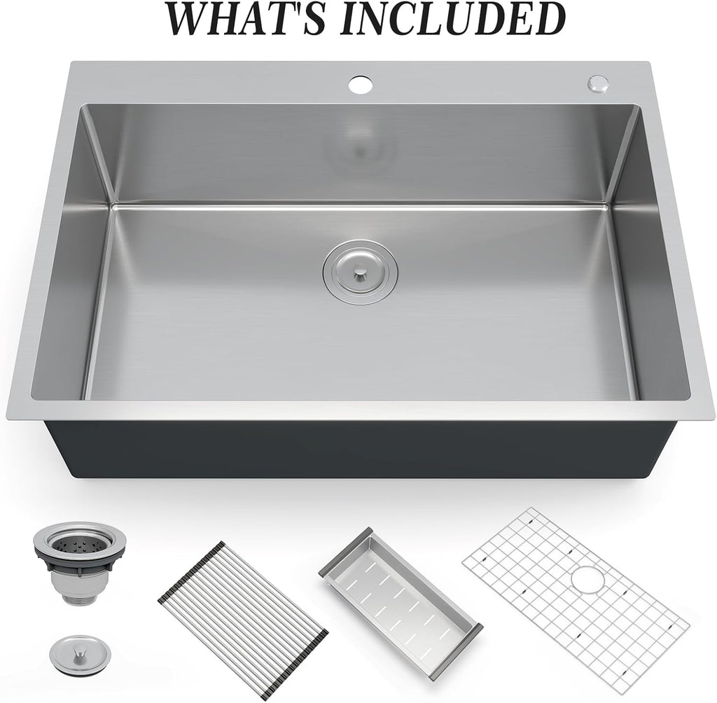 30 x 22 Drop-In Workstation Kitchen Sink – 16 Gauge Stainless Steel Topmount Sink, 10' Deep Single Bowl & 5 Accessories