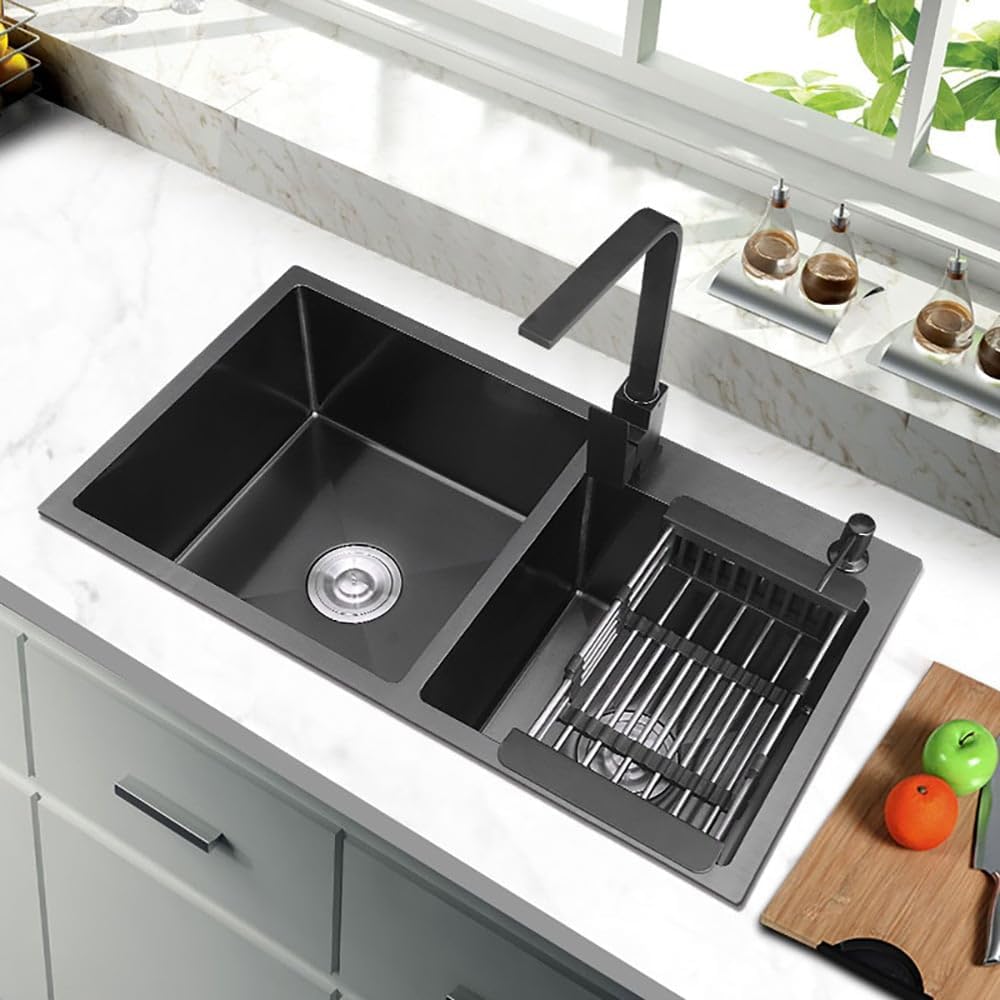 KunMai 32' Black Double Bowl Kitchen Sink Stainless Steel Bar Sink Drop-In Kitchen Sink with Drain and Overflow