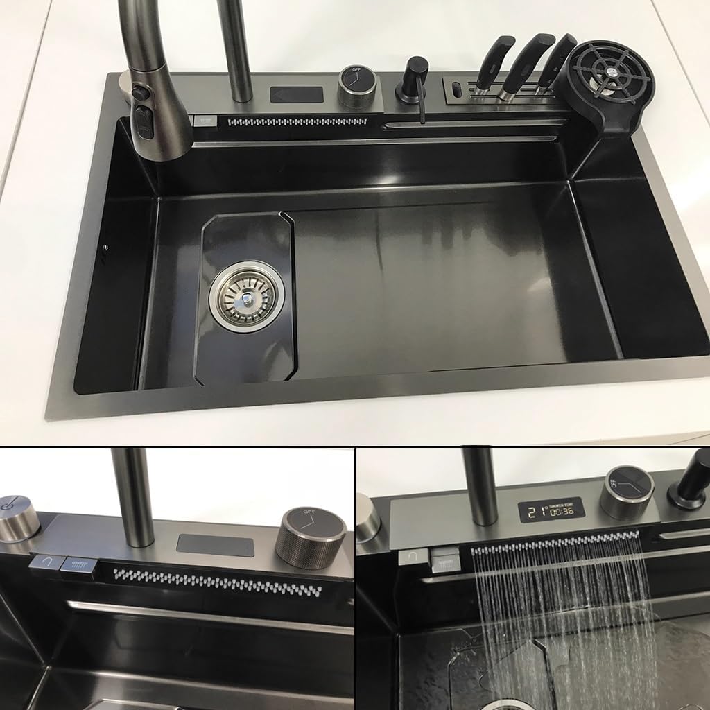 Waterfall Kitchen Sink Single Bowl Bar Sink Workstation Kitchen Sink with Three-in-one Pull-Out Faucet LED Digital Display Screen Pressurized Cup Washer Knife Holder Box (Black 75x45x21cm)