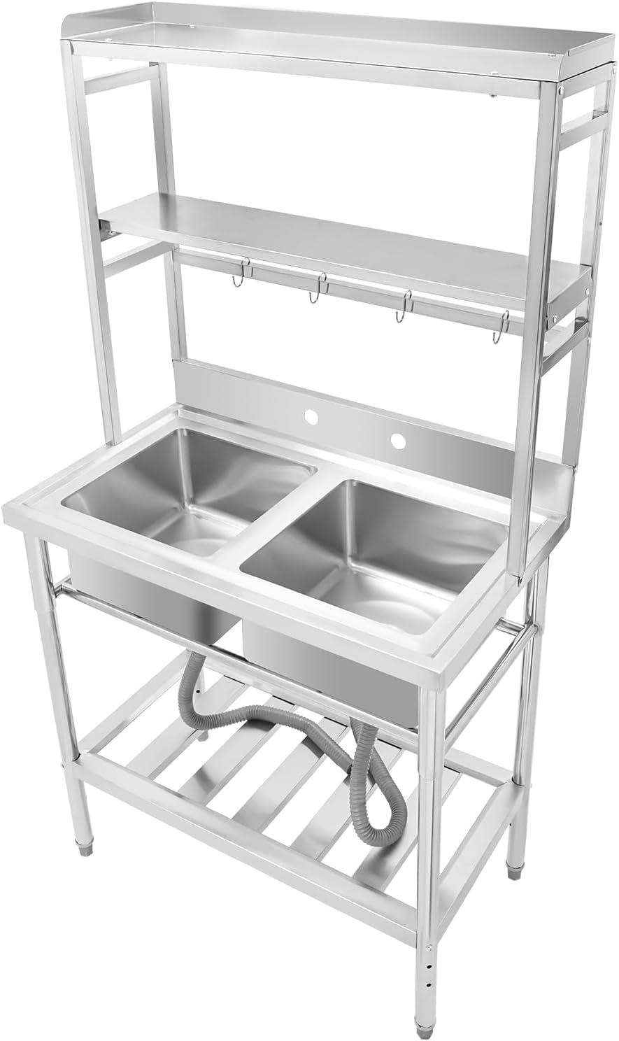 Double Stainless Steel Sink with Bracket,2 Compartment Commercial Stainless Steel Utility Sink Free Standing Sink Kitchen Sink with 2 Drains, 35x21x68' (2 Bowl with Bracket)