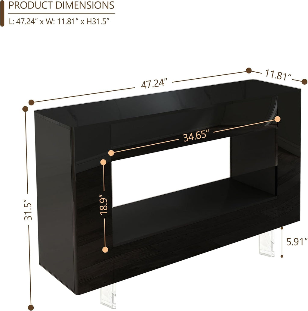 47' High Gloss Console Table with Hidden Side Storage Cabinets, Adjustable Shelves, Modern Black Entryway Sofa Table for Behind The Couch, Living Room, Hallway, Black