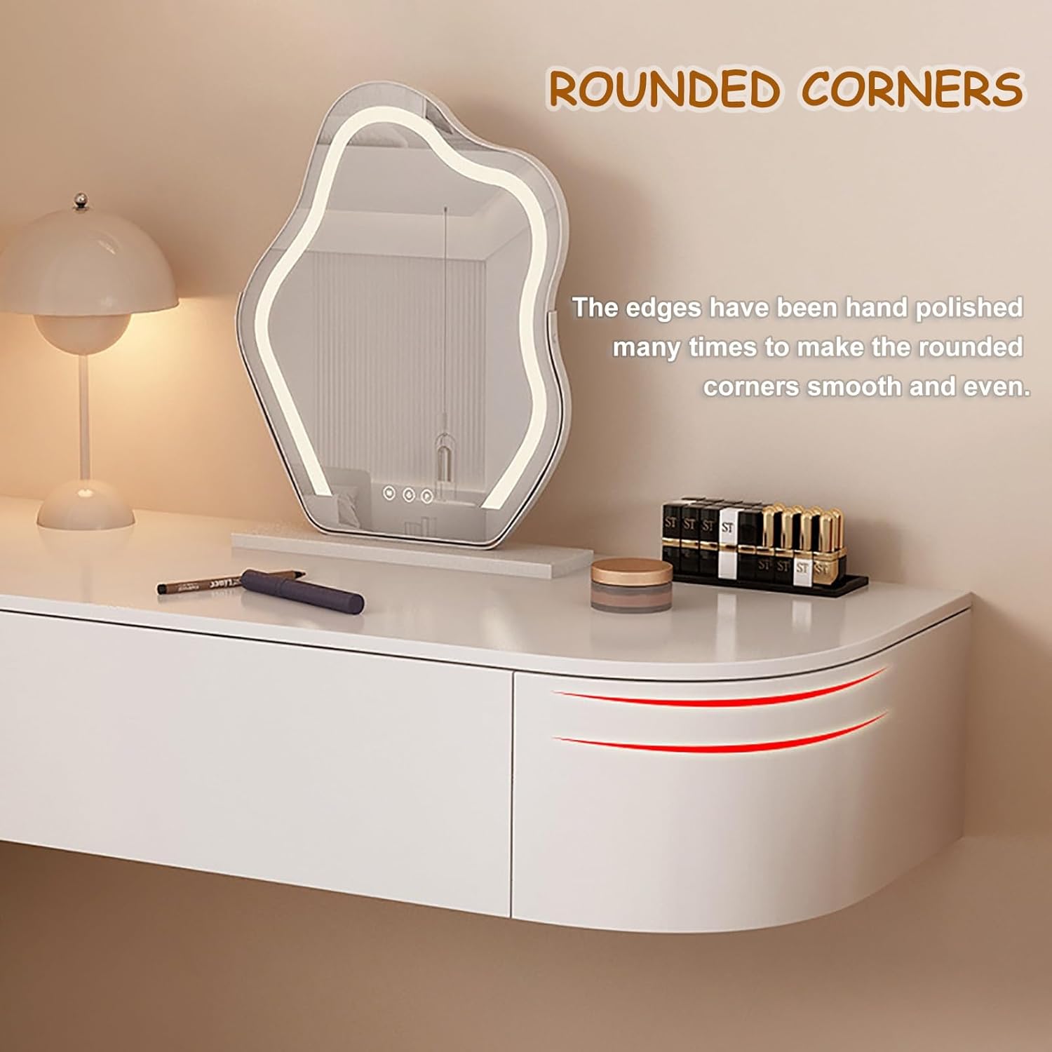 Floating Makeup Vanity for Wall, White Corner Floating Desk Dresser, Wall Mounted Floating Dressing Table with Storage, Small Wood Vanity Desk with Mirror and Lights, Bedside Vanity with Shelf Bedroom