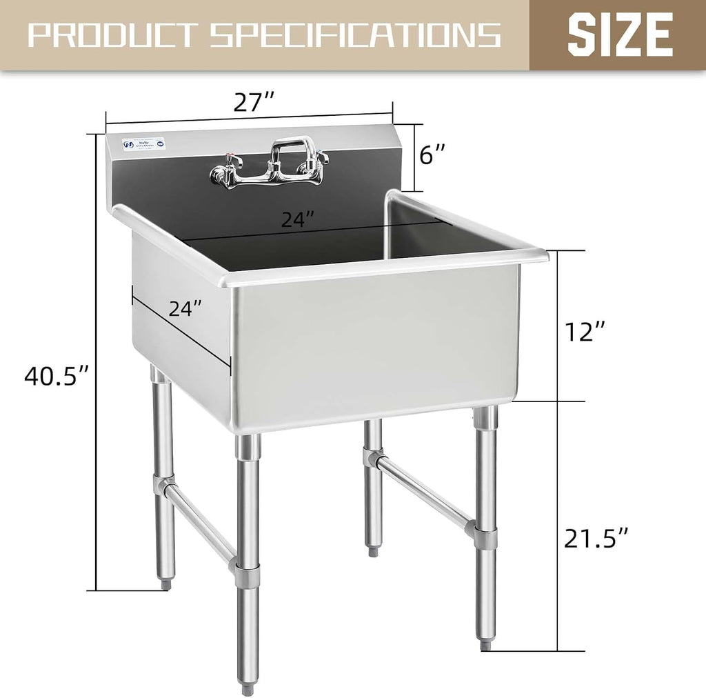 HALLY Commercial Stainless Steel Sink 1 Compartment NSF Prep & Utility Sink with 8' Faucet 24' L x 24' W x 12' D Bowl for Bar, Restaurant, Kitchen, Hotel and Home