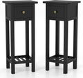 GOFLAME Narrow Side Table Set of 2, Small End Table with Drawer & Shelf, Farmhouse Acacia Wood Tall Sofa Side Table, Slim Nightstand Bedside Table for Small Space Living Room, No Assembly, Black