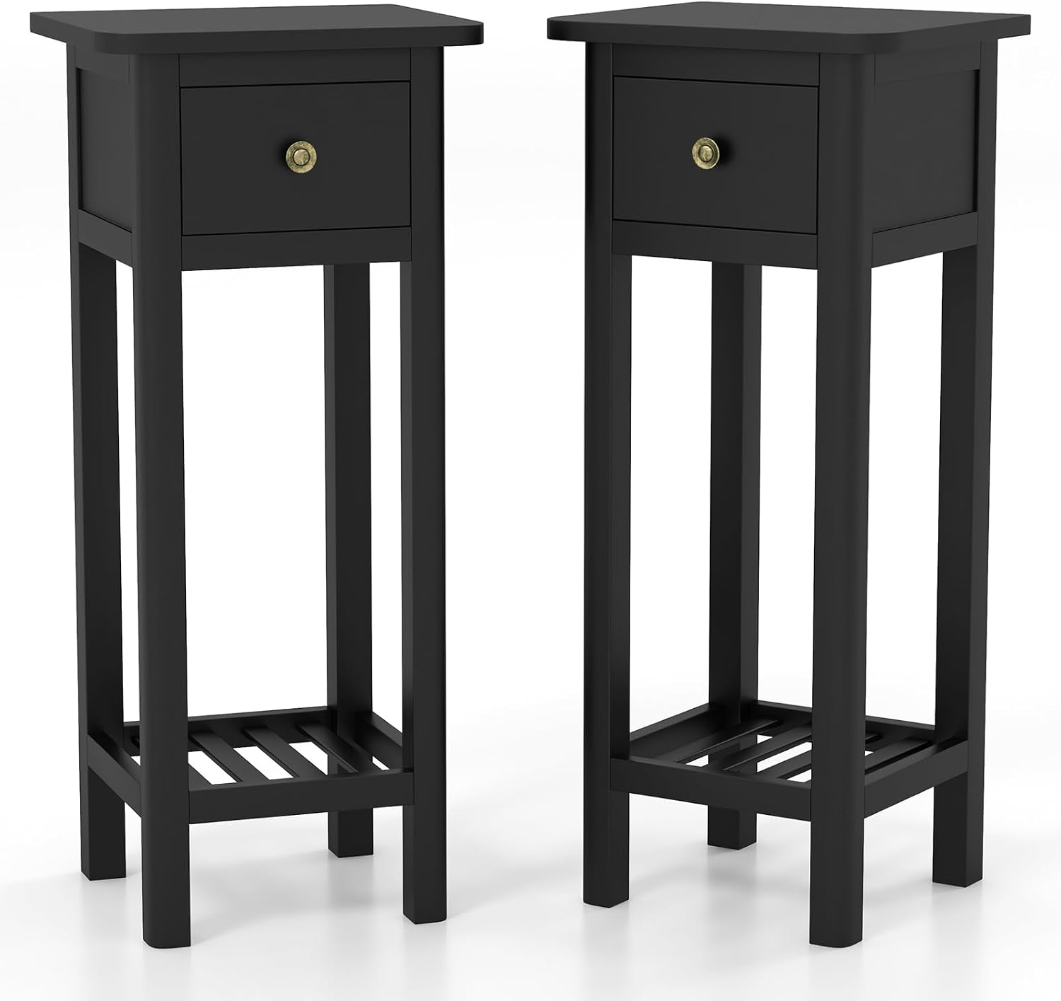 GOFLAME Narrow Side Table Set of 2, Small End Table with Drawer & Shelf, Farmhouse Acacia Wood Tall Sofa Side Table, Slim Nightstand Bedside Table for Small Space Living Room, No Assembly, Black