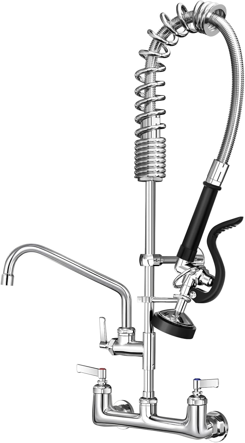 Commercial Kitchen Faucet Heavy Duty Wall Mount Sink Faucet, 8 Inch Center 25 Inch Commercial Kitchen Faucet with Pre-Rinse Sprayer （Black） and 10 Inch Add-On Spout for 1,2,3 Compartment Sinks
