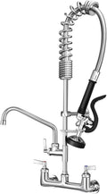 Commercial Kitchen Faucet Heavy Duty Wall Mount Sink Faucet, 8 Inch Center 25 Inch Commercial Kitchen Faucet with Pre-Rinse Sprayer （Black） and 10 Inch Add-On Spout for 1,2,3 Compartment Sinks