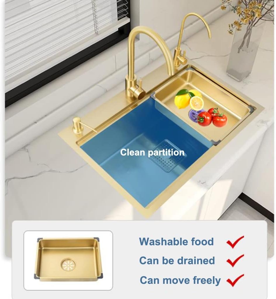 Kitchen Sink Gold Single Bowl Bar Sinks Stainless Steel Metal Dishwashing Pool Drop-in Or Undermount with Drain Kit and Movable Basin (Color : Gold, Size : 60x46x22cm) (Gold 60x46x22cm)