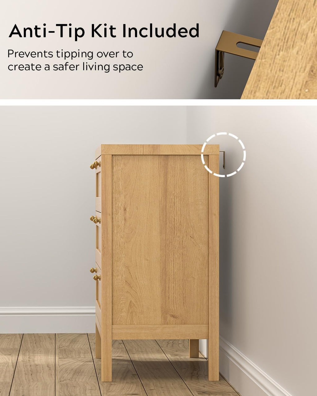 EYYTHUNG 3 Drawer Dresser Set of 2 for Bedroom, Modern Chest of Drawers with Golden Handles, Large Wood Nightstand, Storage Dresser Cabinet Side Table for Living Room, Hallway, Natural Oak