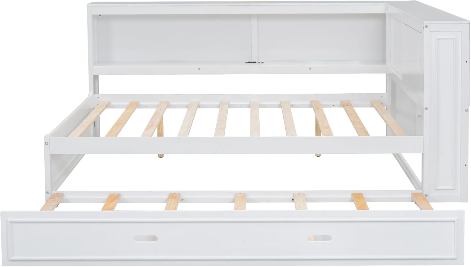 Merax Full Size Wood Daybed with Twin Trundle, L Shaped Wooden Corner Bed Frame with Storage Shelves, USB, Built-in Charging Station, No Box Spring Needed