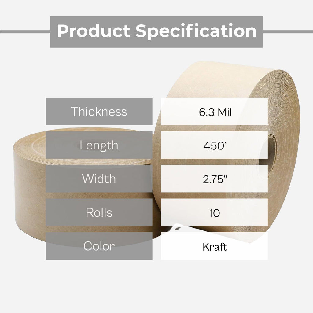 PSBM Kraft Reinforced Gummed Tape, 10 Rolls 6.3 Mil 1.88 Inch 150 Yards Per Roll, Water Activated Adhesive Tape with Fiberglass Strands for Packaging, Shipping, Moving & Sealing