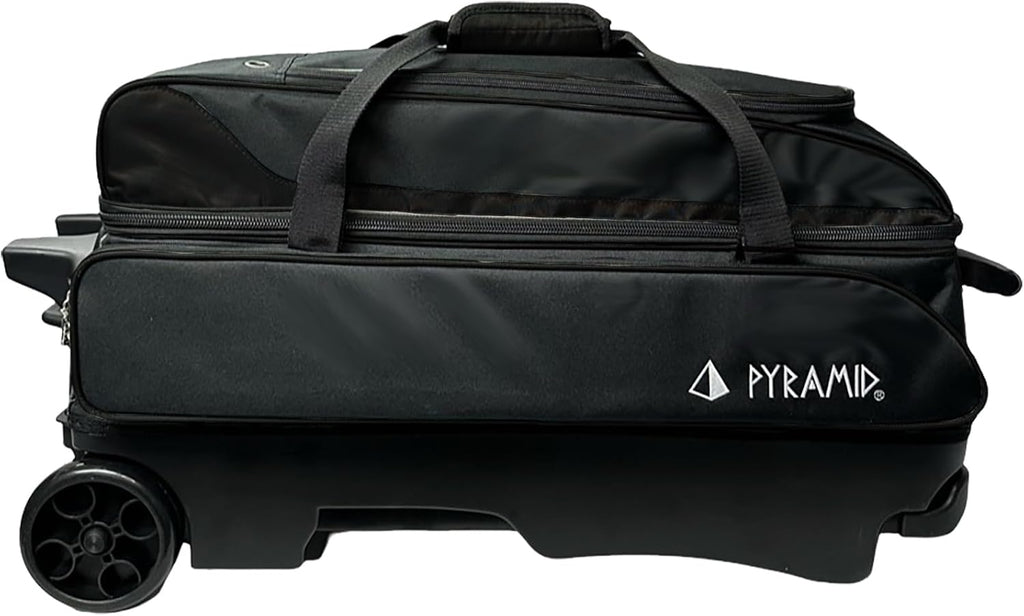 Pyramid Prime Triple Roller 3-Ball Bowling Bag with Extra Large Shoe Compartment (Fits Two Pairs of US Mens Size 15), Retractable Locking Handle (Extends to 41.5'), 1 Large Accessory Pocket, 5' Wheels