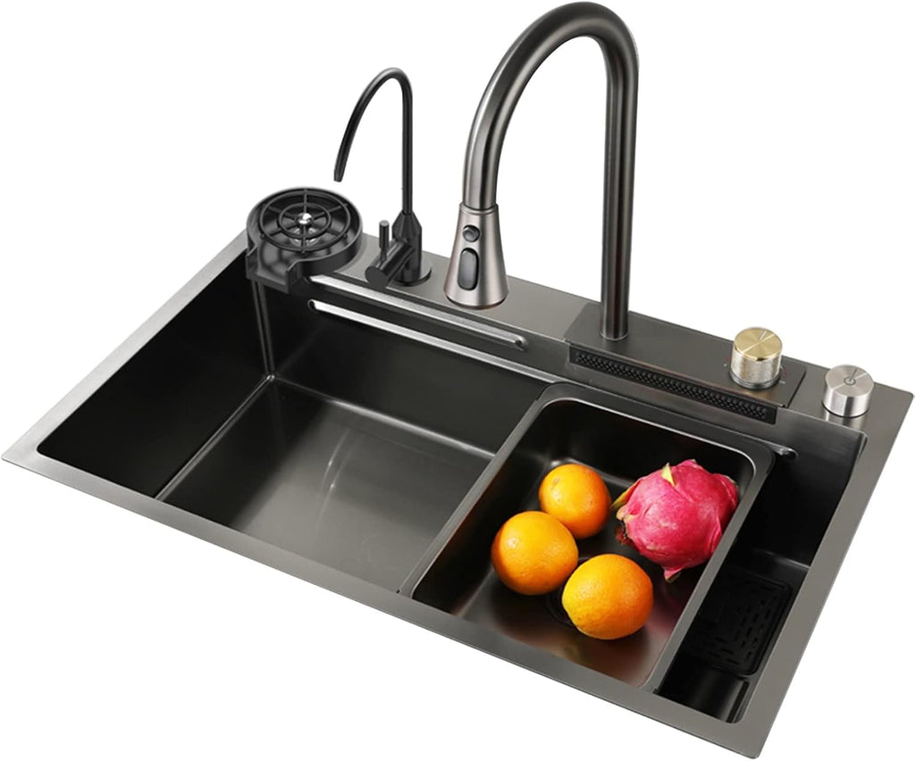 304 Stainless Steel Kitchen Sink Black Single Bowl Bar Prep Sink Rv Sink with Faucet & Drain Assembly Drop in Or Under Mount (Color : Grey, Size : 80x45x22cm) (Gun Grey 68x45x22cm)