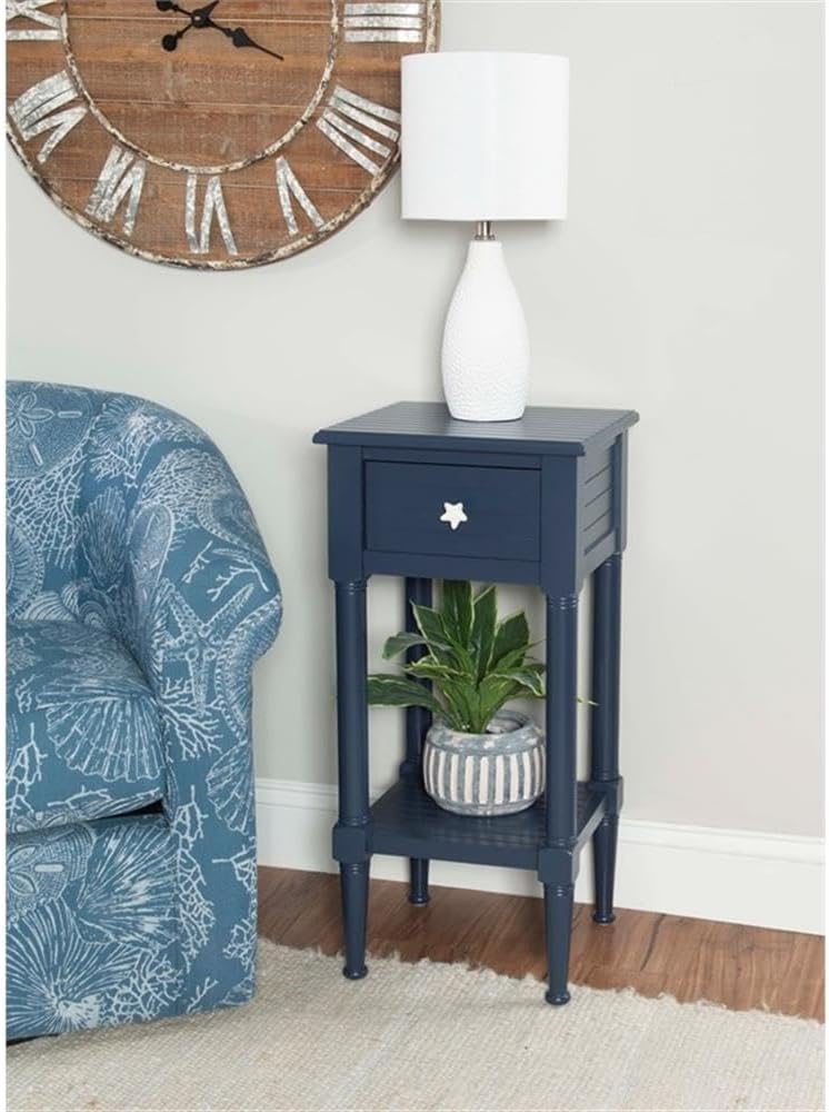 BOWERY HILL Modern Wood Accent Side Table, Navy Finish, 14' w x 13' d x 29.5' h, Starfish Knob, Coastal Style with Drawer and Shelf, Slim Design Living Room End Table or Bedroom Nightstand