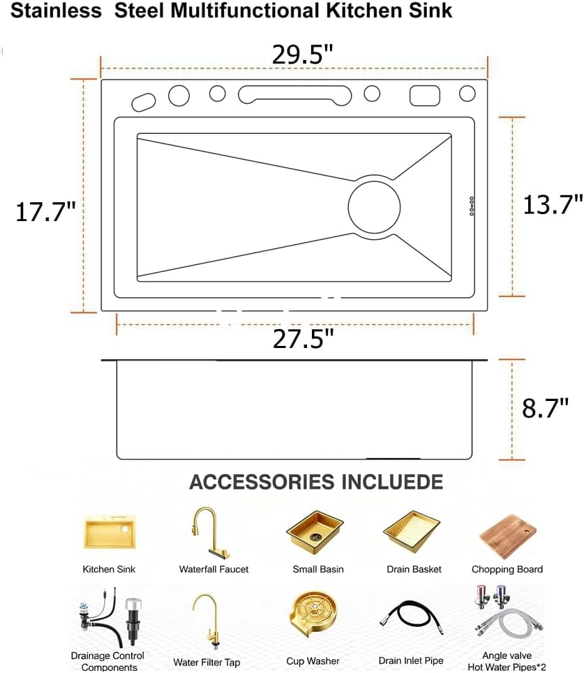 Gold Nano Stainless Steel Kitchen Sink - Single Bowl Workstation with Integrated Waterfall Pull-Out Faucet & Complete Accessory Set (29.5 X 17.7 Inch)
