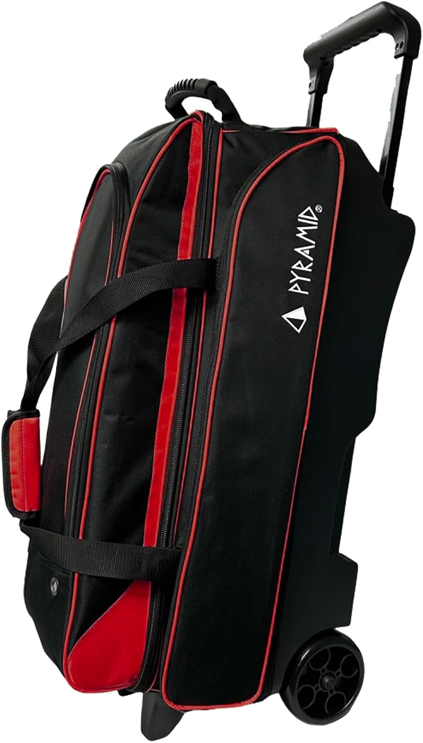 Pyramid Prime Triple Roller 3-Ball Bowling Bag with Extra Large Shoe Compartment (Fits Two Pairs of US Mens Size 15), Retractable Locking Handle (Extends to 41.5'), 1 Large Accessory Pocket, 5' Wheels