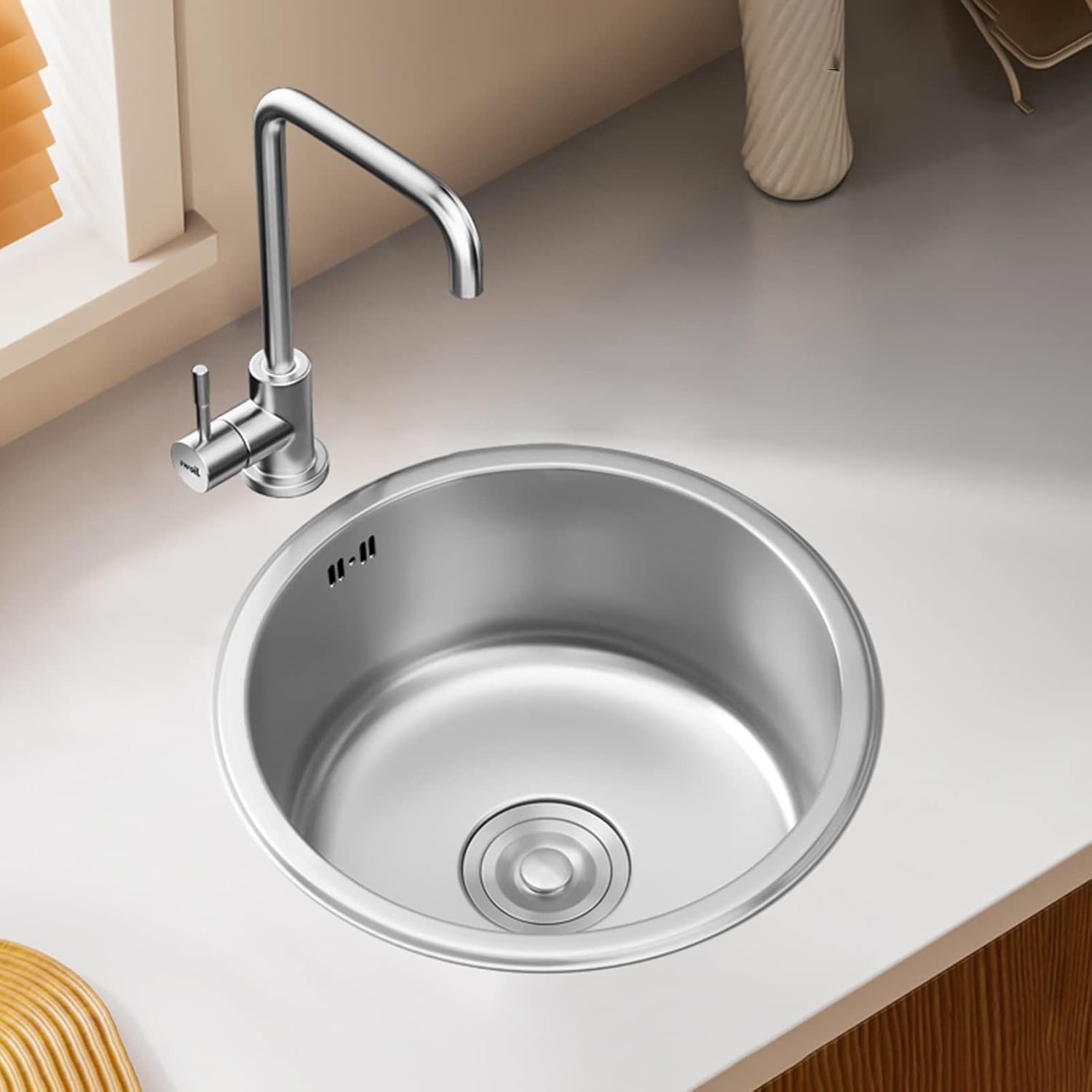 304 Stainless Steel Kitchen Sink Round Silver Single Bowl Bar Prep Sink with Faucet and Drain Assembly Drop-in Or Undermount (Color : C-Have Faucet, Size : 36x36x20cm) (Ahave Faucet 28x28x20cm)