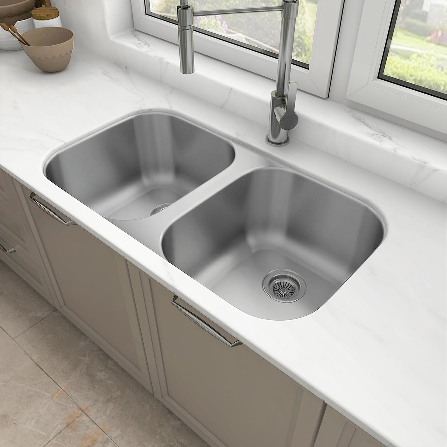 Sinber MU3218D 32' x 18' x 9' Undermount Double Bowl Kitchen Sink with 18 Gauge 304 Stainless Steel Satin Finish (Sink Only)