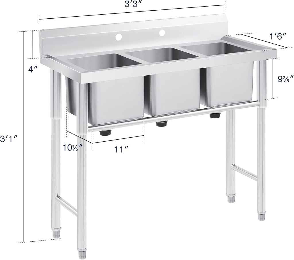 Wilprep Commercial Stainless Steel Sink with 3 Compartments, Free Standing Restaurant Sink Station with Strainer, Kitchen Prep & Utility Sink for Home Garage Bar, 39'' W × 17.7'' D × 37.4'' H, Silver