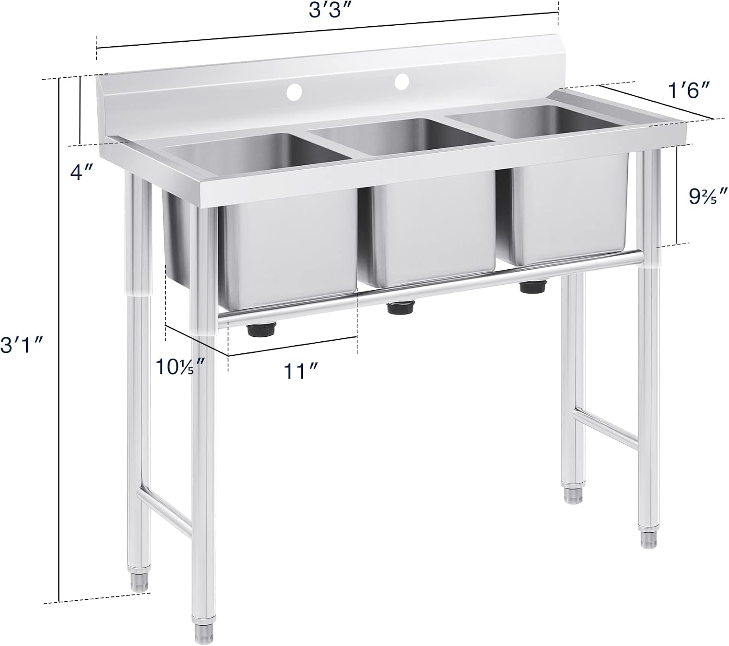 Wilprep Commercial Stainless Steel Sink with 3 Compartments, Free Standing Restaurant Sink Station with Strainer, Kitchen Prep & Utility Sink for Home Garage Bar, 39'' W × 17.7'' D × 37.4'' H, Silver