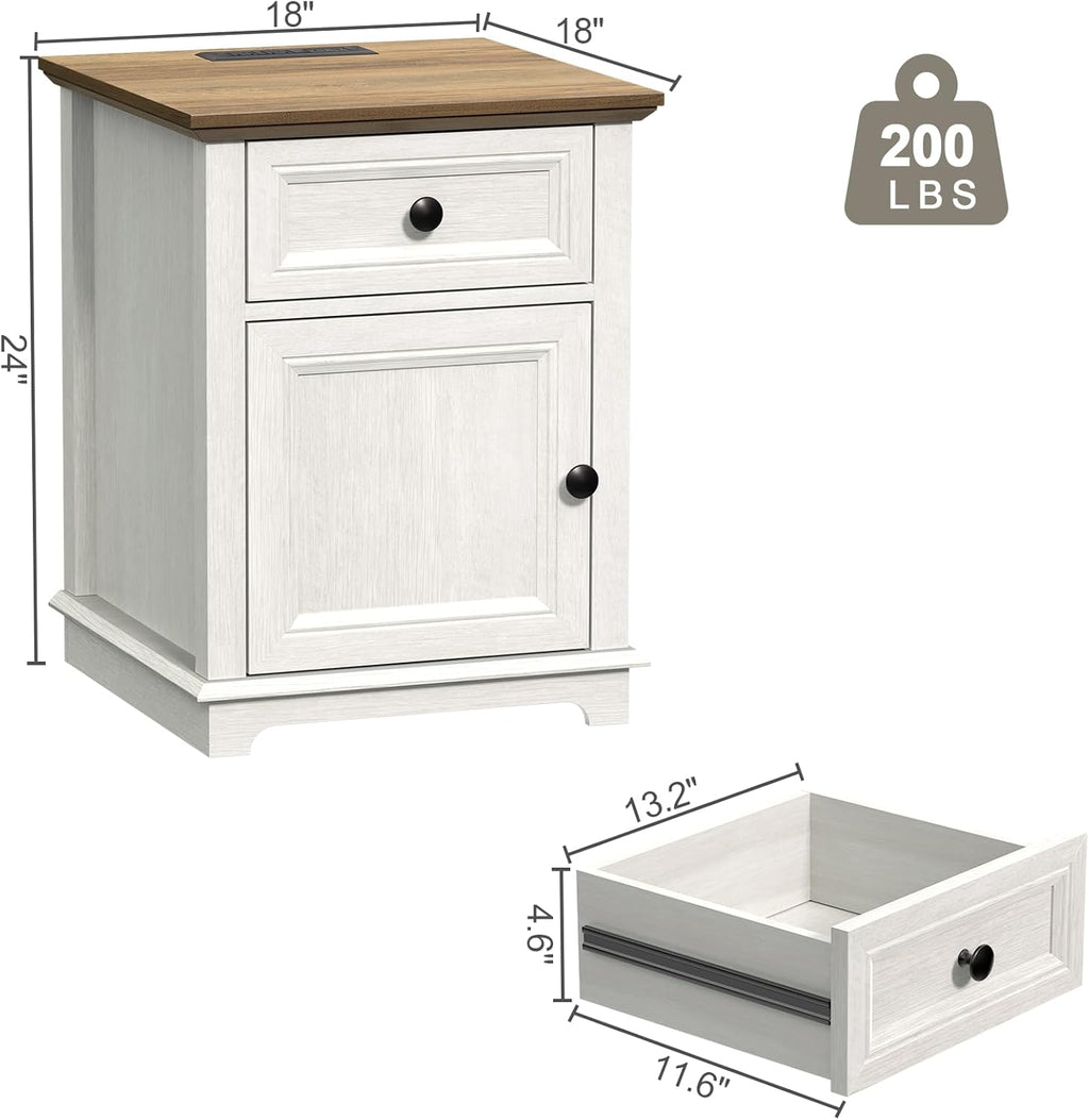 REDAYFUR End Table with Charging Station, Fast Charge, End Table with Drawer, Big Storage Side Table for Living Room/Bedroom, White