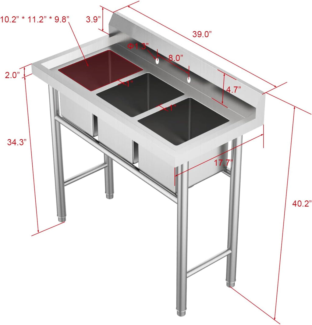 Bonnlo 3-Compartment NSF 304 Stainless Steel Utility Sink Commercial Grade Laundry Tub Culinary Sink for Outdoor Indoor, Garage, Restaurant, Kitchen, Laundry/Utility Room - 39' W x 18' D x 40.2' H