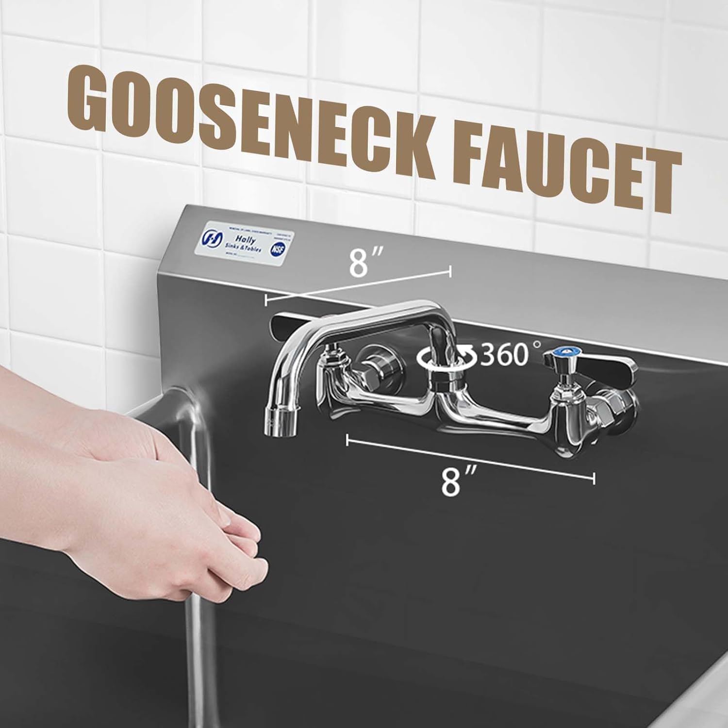 HALLY Commercial Stainless Steel Sink 1 Compartment NSF Prep & Utility Sink with 8' Faucet 24' L x 24' W x 12' D Bowl for Bar, Restaurant, Kitchen, Hotel and Home