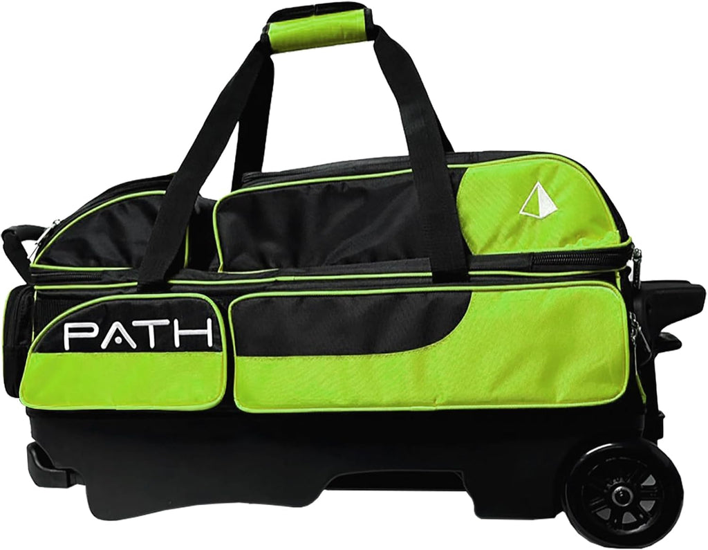Pyramid Path Triple Premium Deluxe Roller Bowling Bag With Extra Large Separate Shoe Compartment (Up To US Mens Size 16) and 5 Accessory Pockets, 5' Wheels, Retractable Locking Handle - Extends to 42'
