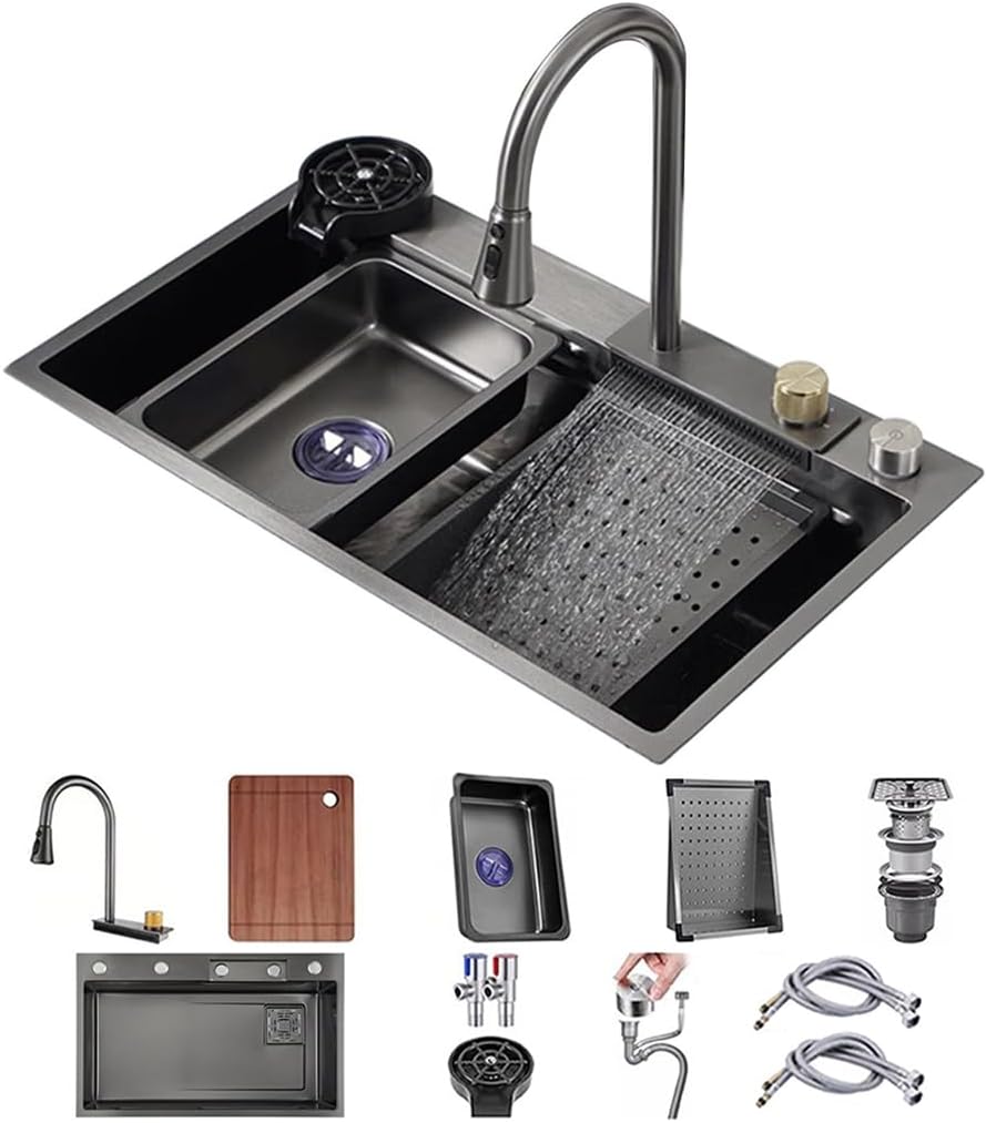 Generic Single Bowl Kitchen Sink 304 Stainless Steel Single Bowl Bar Prep Sink RV Sink with Faucet Cup Washer Drain Assembly Drop in Or Under Mount (Color : Black, Size : 68x45x22cm)