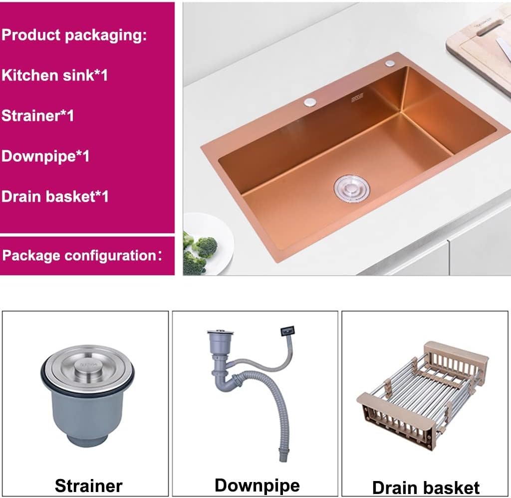 Kitchen Sink Single Bowl Kitchen Bar Sink 304 Stainless Steel RV Sink with Drain Top Mount Or Undermount Bar Sink Or Outdoor Sink (Color : Rose Gold, Size : 68x45x21cm) (Rose Gold 60x45x21cm)