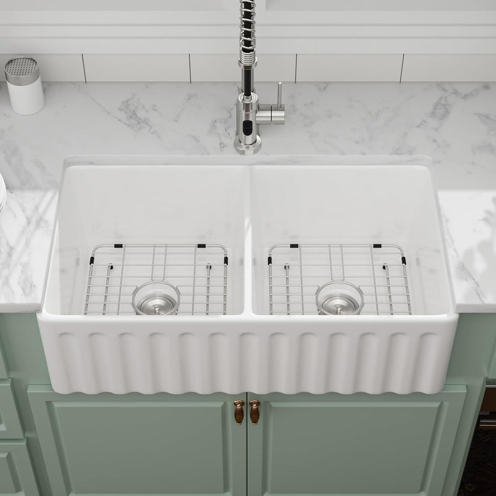33 Inch White Fireclay Farmhouse Sink 50/50 Double Bowl Apron Front Ceramic Kitchen Sinks Extra Large Country Barn Style Farmer Sink Basin, 33'X18'X10' #YSAC0201